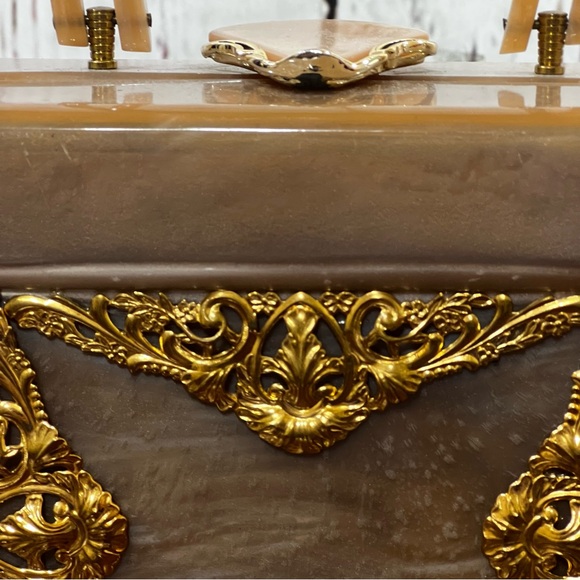 Retro Vintage Taupe Acrylic Box Bag with Gold Filigree - Picture 2 of 13